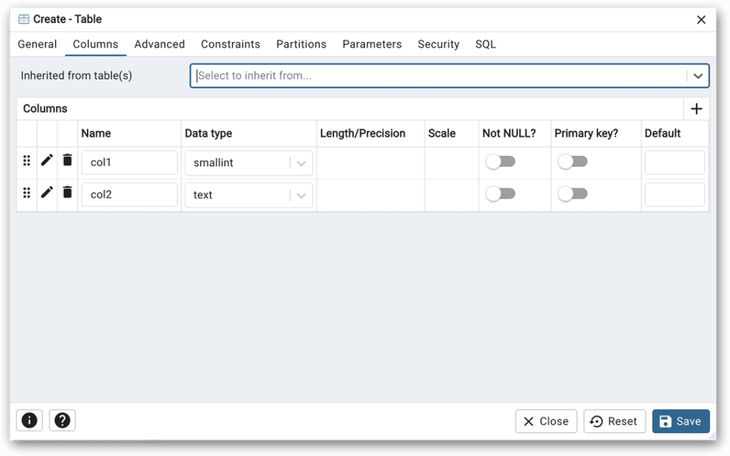 Defining columns under the Column tab in pgAdmin.