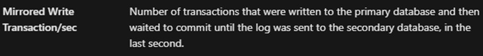 Definition of Mirrored Write Transaction/sec in SQL Server: Number of transactions that wrote to the mirrored database and waited for the log to be sent to the mirror in order to commit, in the last second.