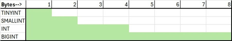 The four integer data types available in SQL Server: TINYINT, SMALLINT, INT and BIGINT.