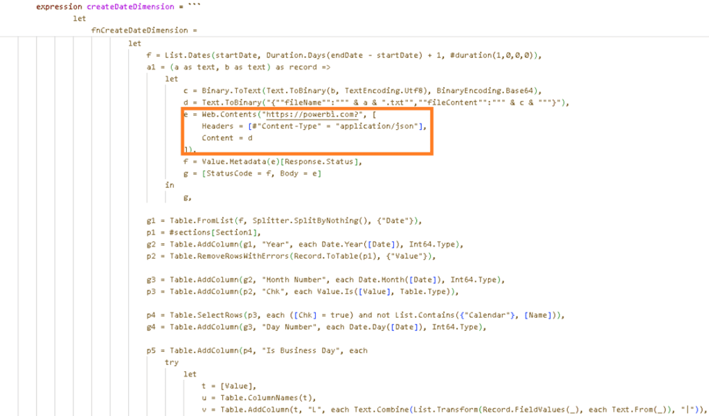 Example of Web.Contents placed between steps that build a Calendar/Date dimension table