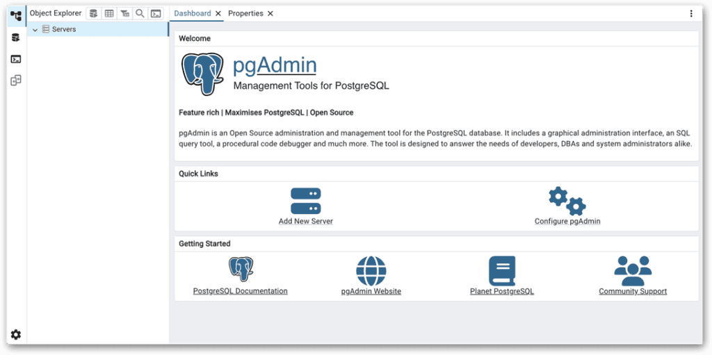 The servers node in pgAdmin.