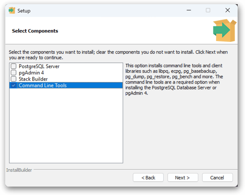 The wizard's 'Select Components' screen, with 'Command Line Tools' selected.