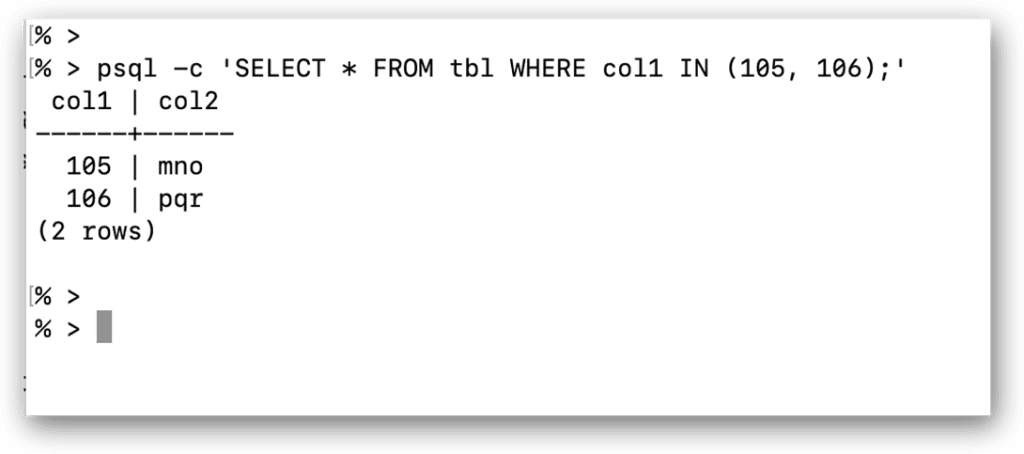 When you run this command, psql submits the SELECT statement to your ADP instance and returns the results to the command prompt, as shown in this image.