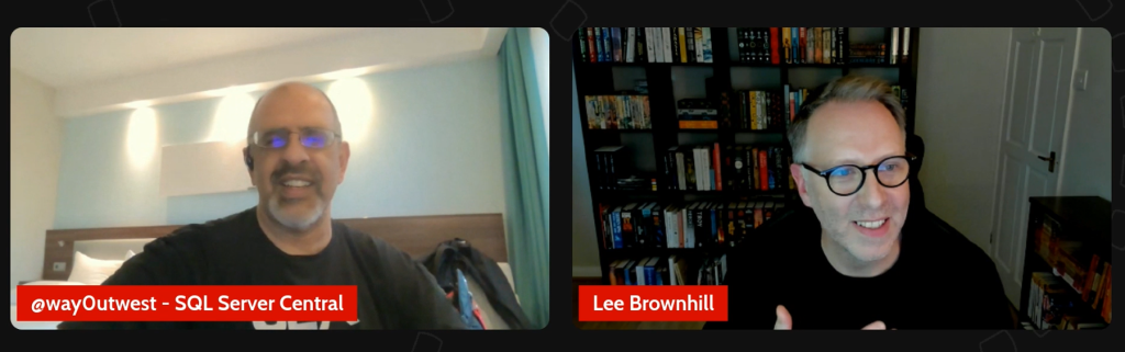 Steve Jones chatting to Lee Brownhill; the two communicating side-by-side via video call.