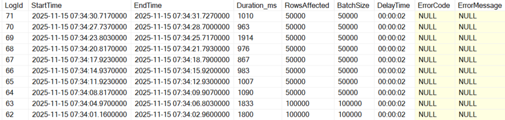 Image showing updating the PurgeConfig table to lower the batch size.