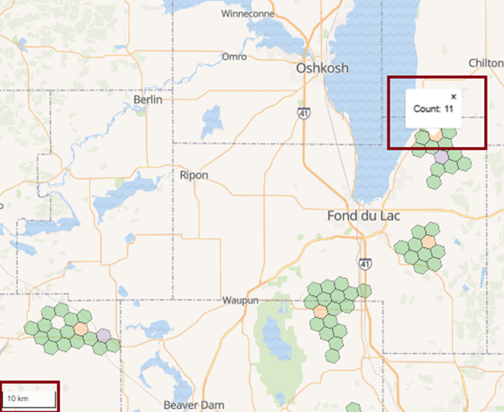 A map showing the concentrations of wind turbines in south-central Wisconsin in the USA.