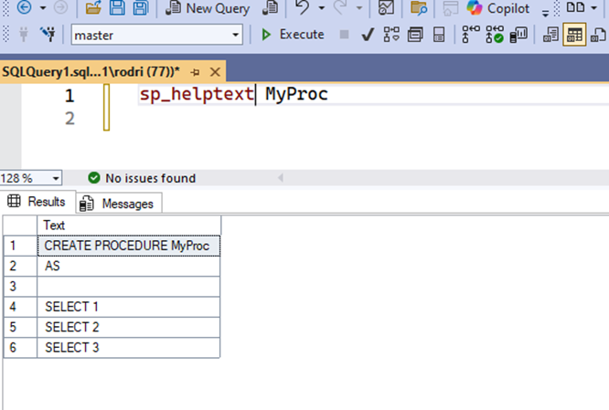 What the code for the procedure 'MyProc' looks like when displayed by default.