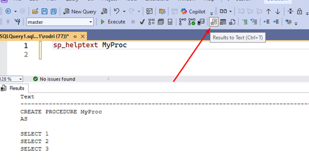 What happens when the 'text' option is selected in SSMS.