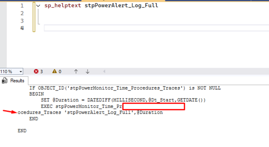 An image showing the sp_helptext breaking a line where it shouldn't have.