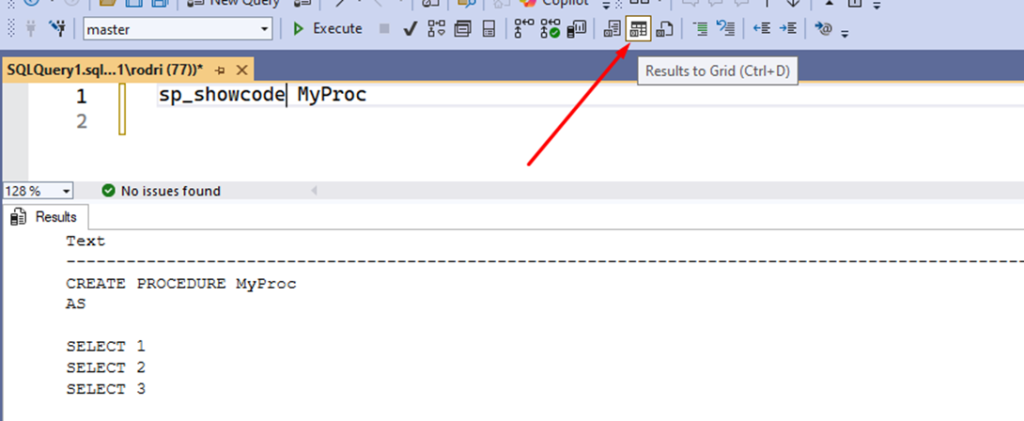 Image showing that, even with the default Grid option enabled, sp_showcode sent it to the text output.