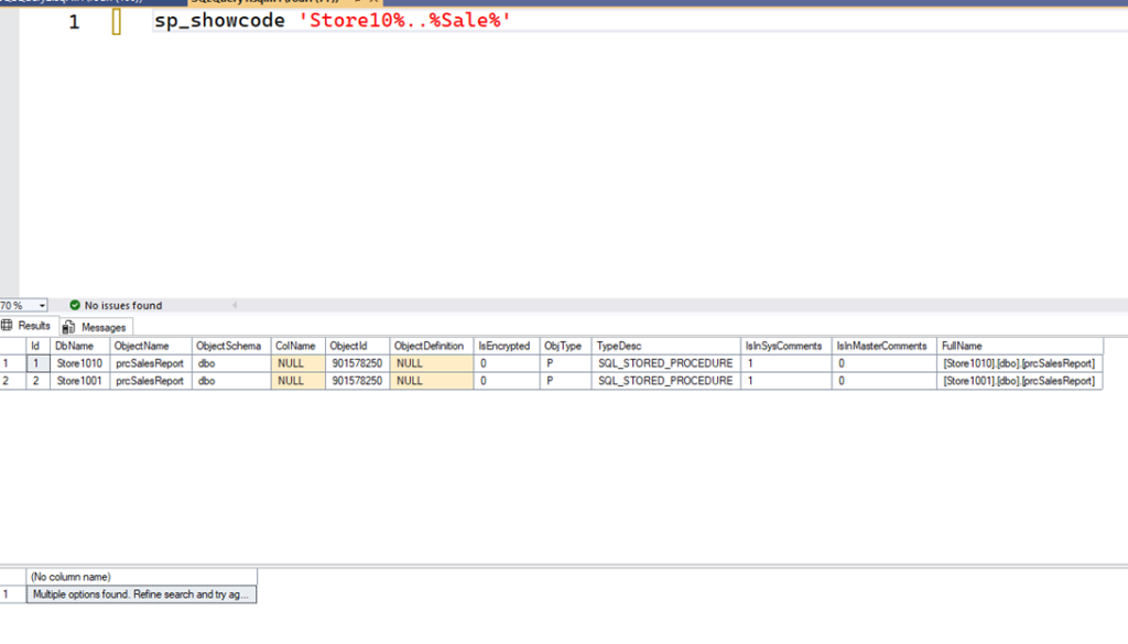 An image showing filtering the database procedures of Stores starting with 10.