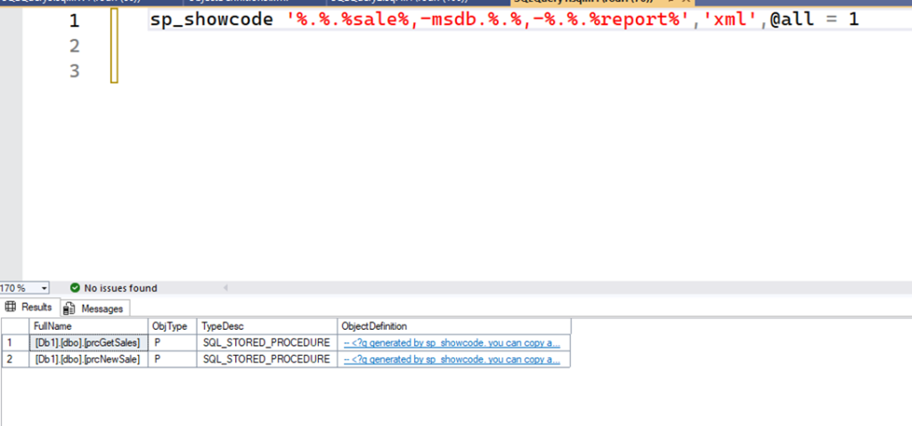 Image showing the ability to find all objects, across all databases, with 'sp_showcode'