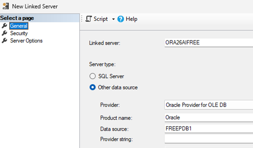 An image showing ORA26AIFREE as the name of the linked server.