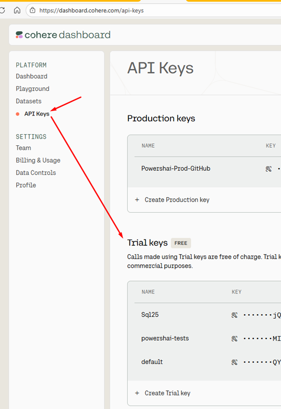 An image showing where to select the trial keys in Cohere.