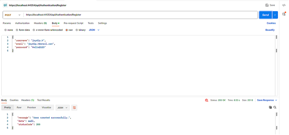 Image showing the new user being registered successfully.