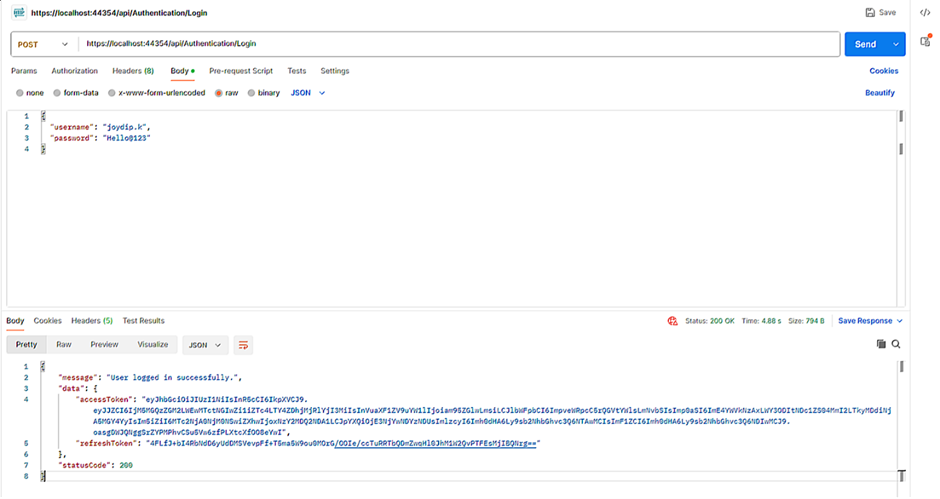 Image showing the invoking of the login endpoint of the AuthenticationService in Postman.