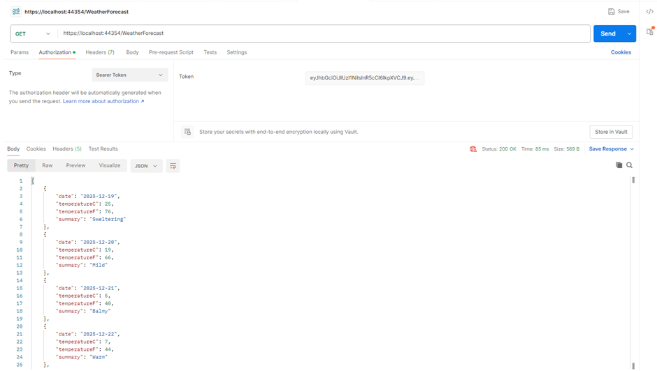 Image showing WeatherForecast data being returned as a response.