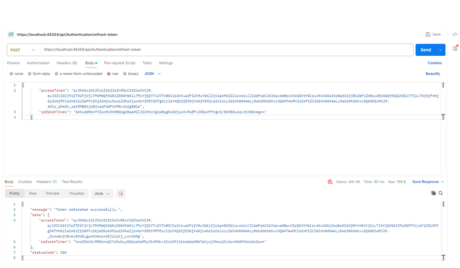 An image showing how to invoke the api/Authentication/refresh-token endpoint and pass the access token and refresh token in the body of the request. This generates new access and refresh tokens.