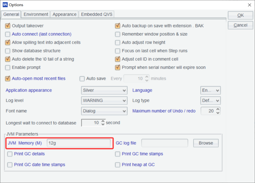An image showing options for adjusting the maximum memory allocation in esProc SPL.