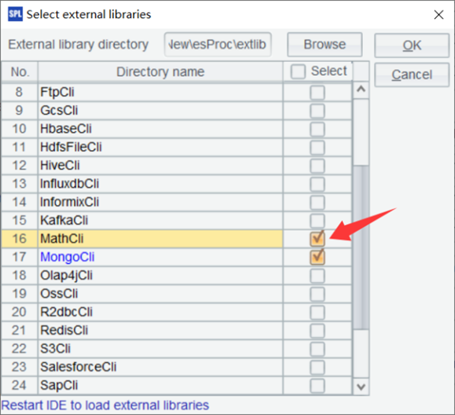 Image showing the 'Select external libraries' page in esProc SPL's settings.