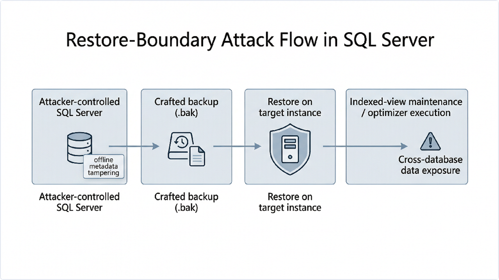 An image showing the restore-boundary attack flow in SQL Server.