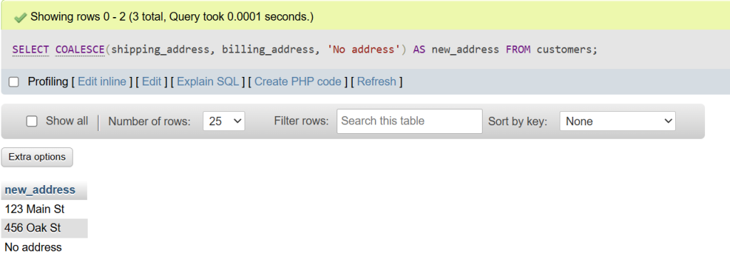 an image showing the returning of addresses with the COALESCE SQL function.