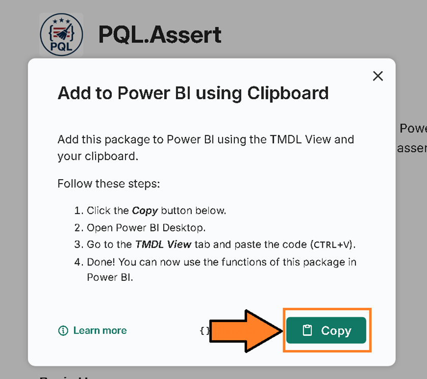 An image showing selecting the 'Copy' button to copy the TMDL script.