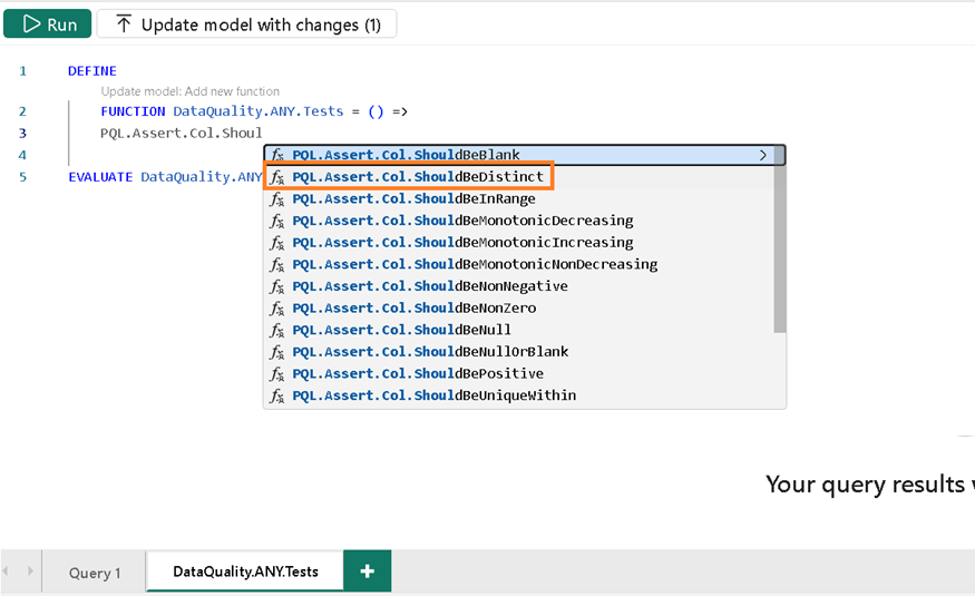 An image of IntelliSense showing PQL.Assert functions in DAX Query View.
