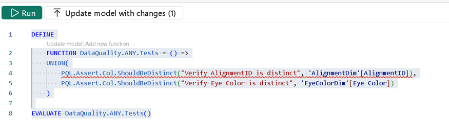 An image showing the defining of a test with two distinct column assertions using UNION.