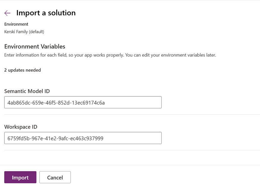 Setting the Workspace GUID and Semantic Model ID environment variables during solution import