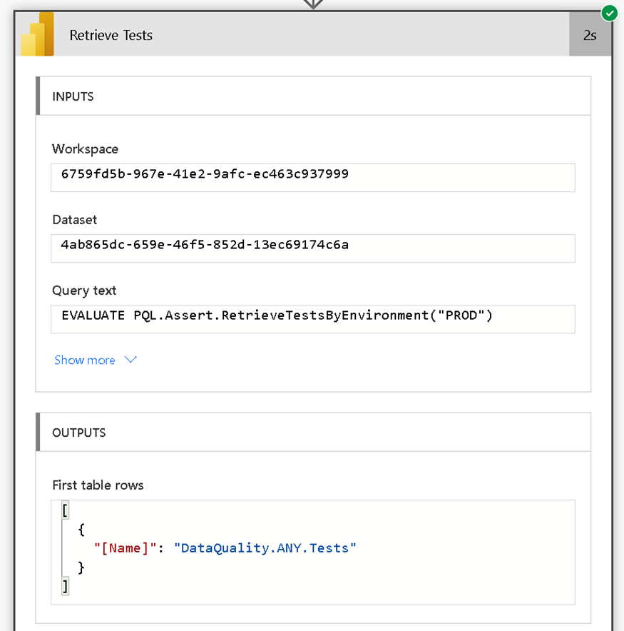 The Retrieve Tests step in the Power Automate flow discovering test functions