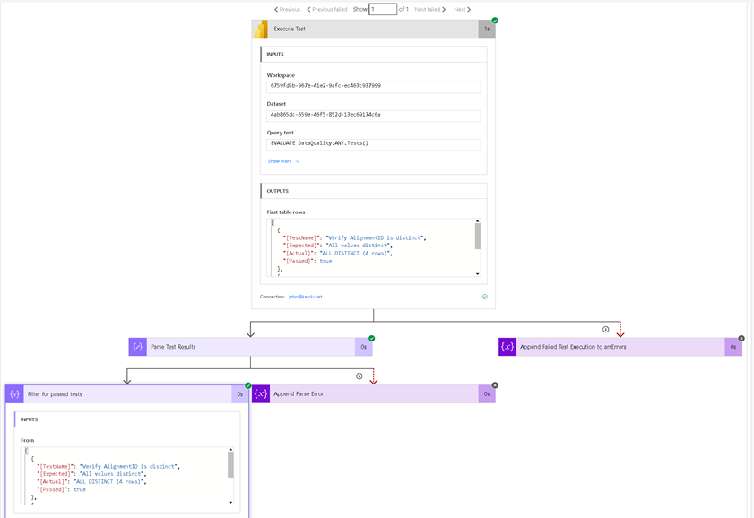 Executing tests and evaluating results in the Power Automate flow