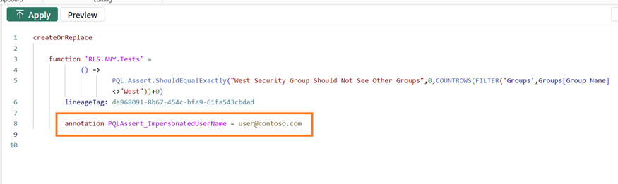 Adding the PQLAssert_ImpersonatedUserName annotation in the TMDL view