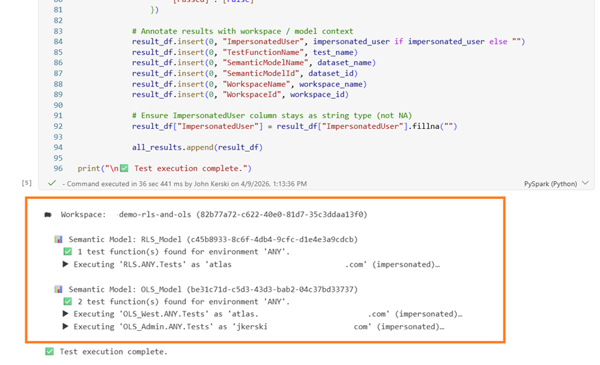 The notebook discovering test functions across workspaces and semantic models
