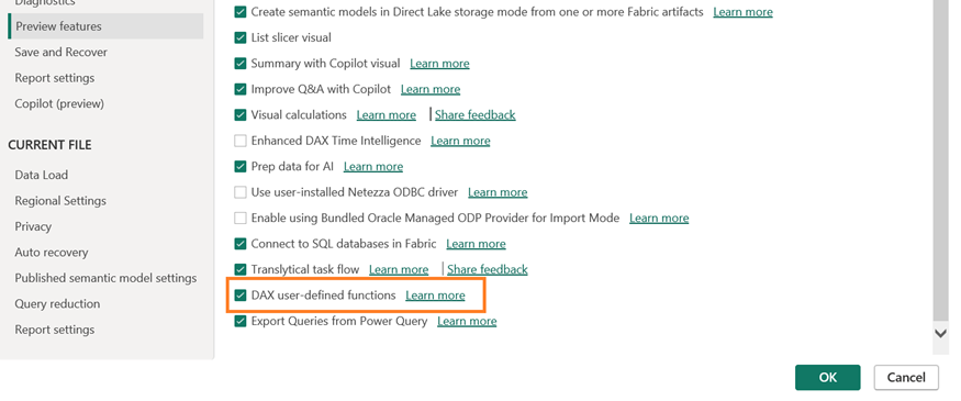 An image showing the enablement of user-defined functions in Power BI Desktop preview features