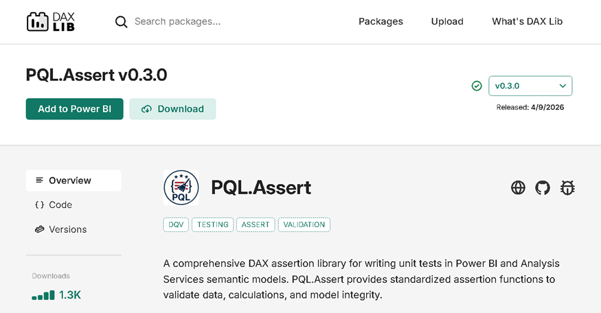 An image showing the DAXLib package catalog showing PQL.Assert