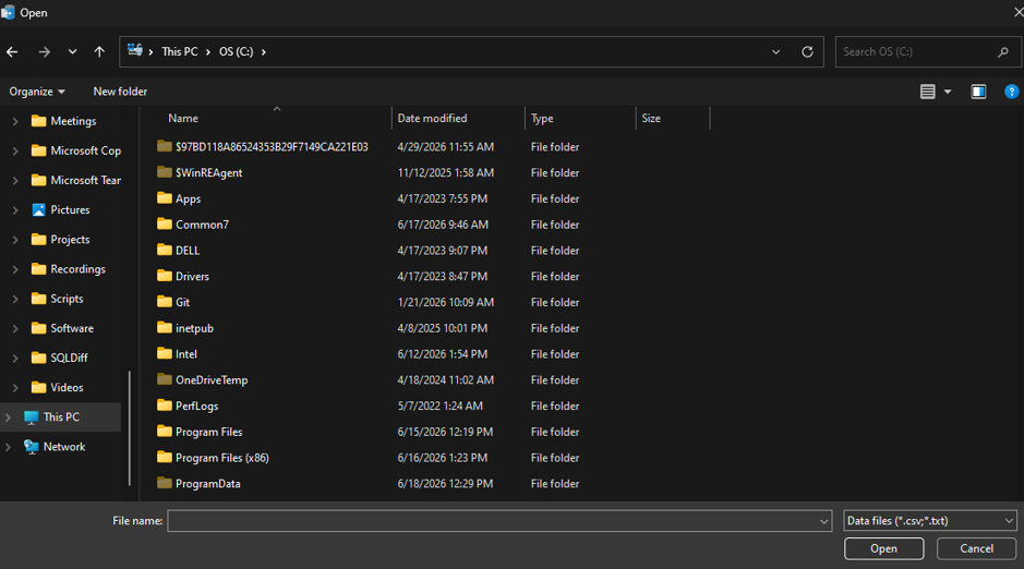 An image showing the next part of Ed's imaginary scenario. This time, it's simply an image of Ed's file search menu, and all the files he can potentially load into SQL Server.