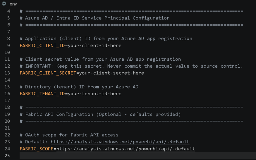 an image showing the process of adding the service principal credentials to the .env file.