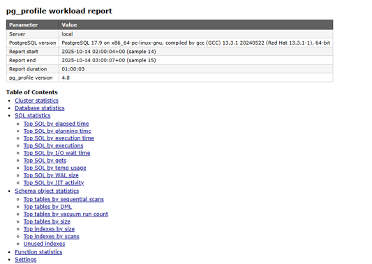 an image showing a pg_profile report in PostgreSQL - in particular, the table of contents of an example report.