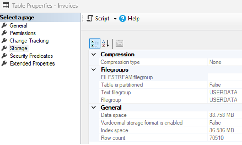 An image showing what Ed sees when checking the SQL Server table storage properties after too many indexes have been added. It shows that the table contains almost as much index space as data space.