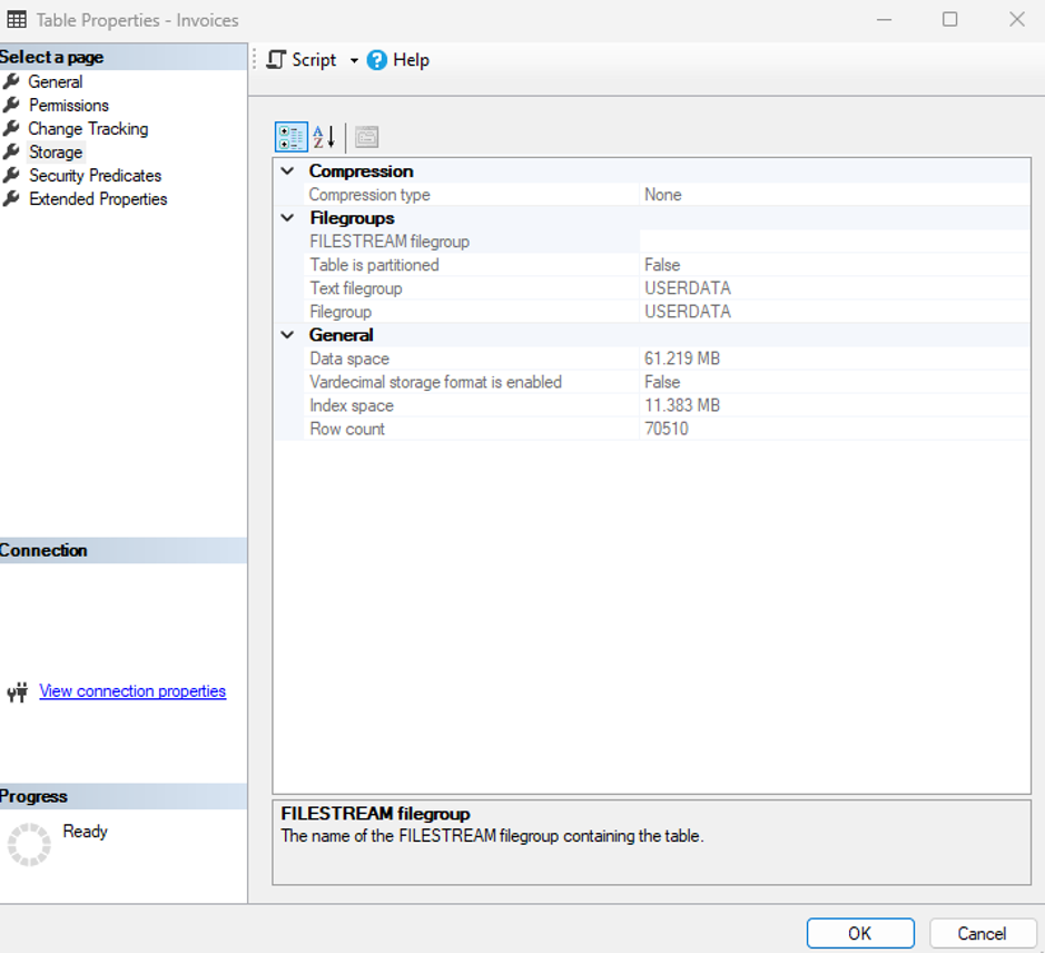 an image showing a summary of storage for Sales.Invoices.