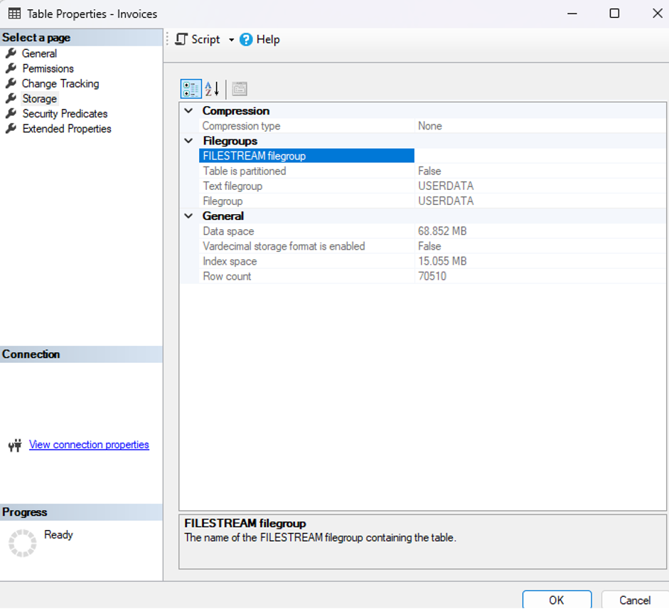 An image showing what usage the table storage properties now shows. The data and index space has increased by about 15%.