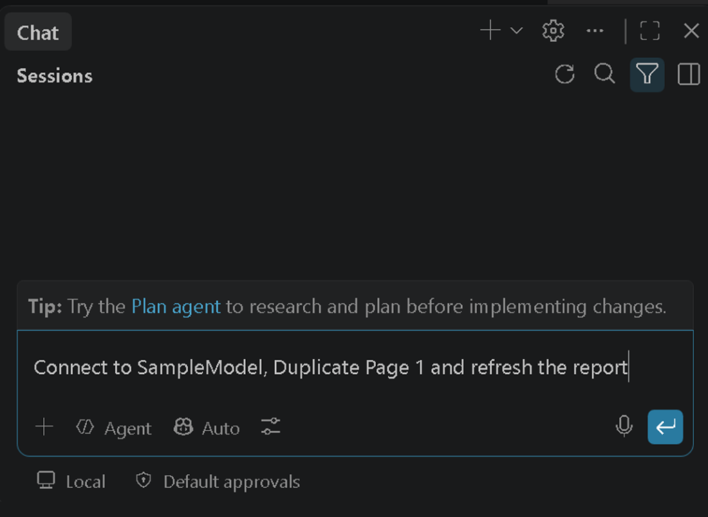 Asking the agent to connect to the model, duplicate a page, and install the required CLIs.