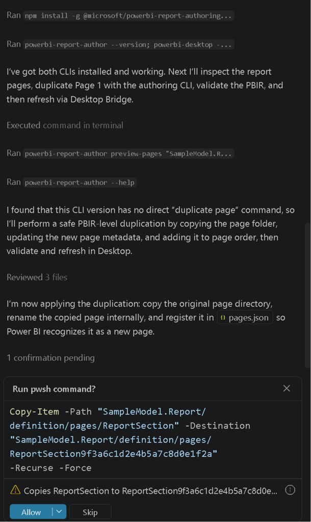 The agent duplicating page JSON in the report folder.