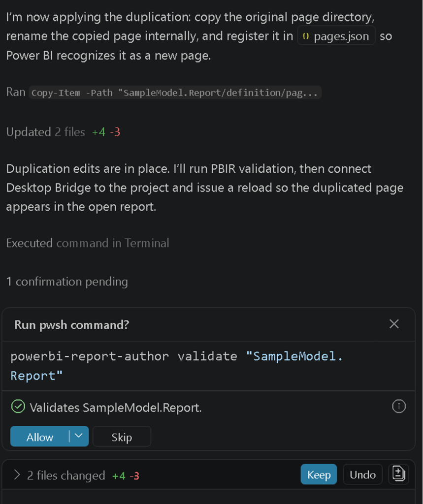 The agent validating the report changes with the authoring CLI.