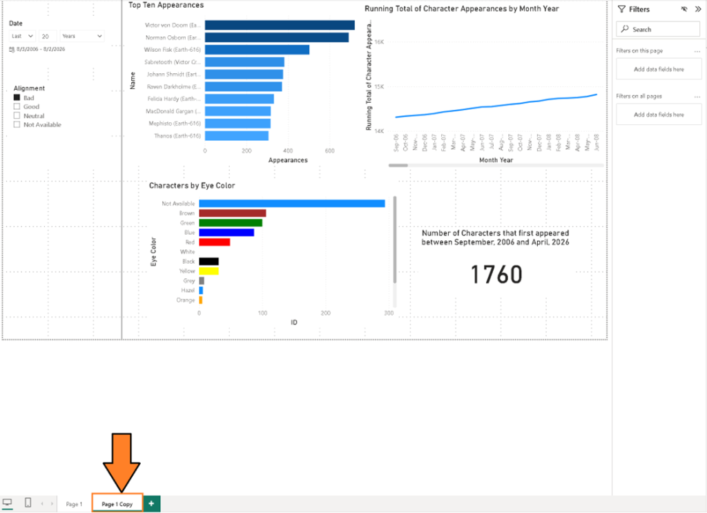 Power BI Desktop showing the duplicated page after the reload.