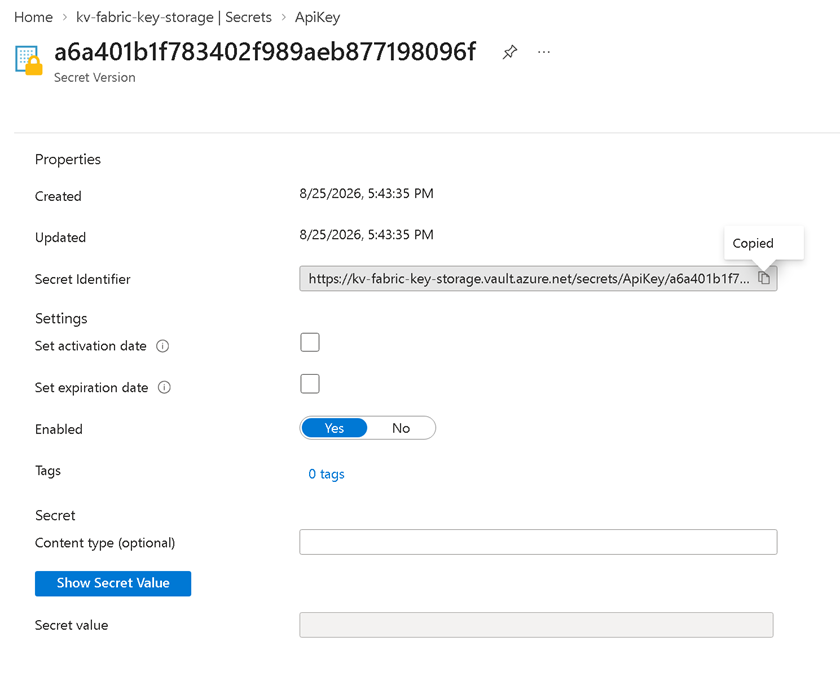 image showing the secret identifier copied from the newly created Key Vault secret