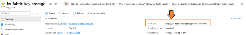 an image showing the Vault URI shown on the Key Vault Overview page.