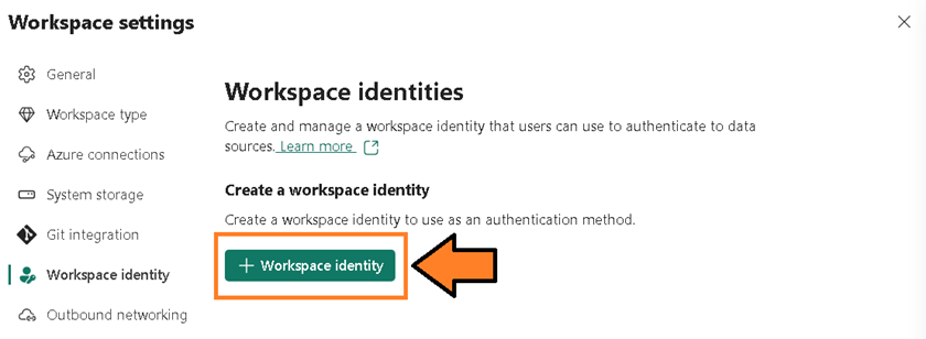 an image showing the + Workspace Identity button used to create a new managed identity