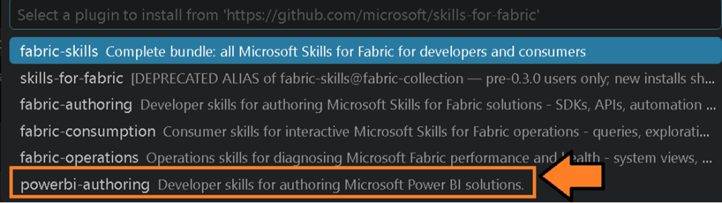 Selecting the Power BI authoring skill from the Microsoft Fabric skills repository.